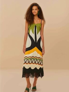 (New) FARM Rio Off-White Coconut Tree Flow LENZING™ ECOVERO™ Euroflax™ Dress (S)